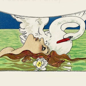 STUNNING, Vintage Art Nouveau Pretty Lady Floating in Water, Instant DIGITAL Download, Swan