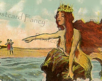 King Neptune and Beautiful Red Headed Mermaid Meet in the Ocean, Instant DIGITAL Download, Vintage Postcard Printable Image