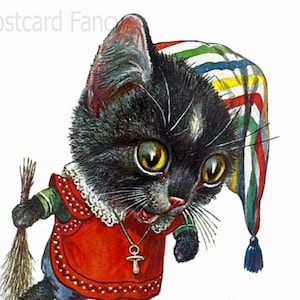 Gato de olhos grandes, elefante pequeno, download digital instantâneo, cartão postal vintage de Thiele