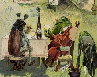 FANTASY Frühling Käfer und Frosch Picknick, Vintage Postkarte, sofortiger DIGITALER DOWNLOAD