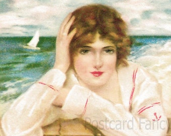 Schöne Dame wartet am Meer, sofortiger digitaler Download, Vintage Bild