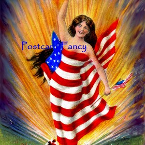 Etats-Unis, téléchargement numérique instantané, image de carte postale de dame de drapeau vintage au coucher du soleil