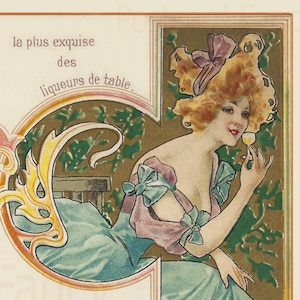Linda senhora Art Nouveau bebendo licor, download DIGITAL instantâneo, cartão postal vintage de Paris