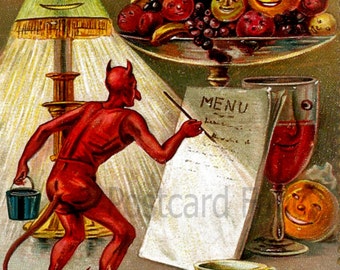 Vintage Tuck HALLOWEEN Postcard, Devil Writes Dinner Menu, Instant