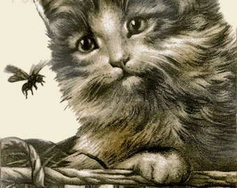 SCHATTIGE KAT en vlinder, vintage ansichtkaart, instant digitale download