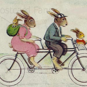 Conejitos coloreados a mano en bicicleta, descarga DIGITAL instantánea, primavera vintage