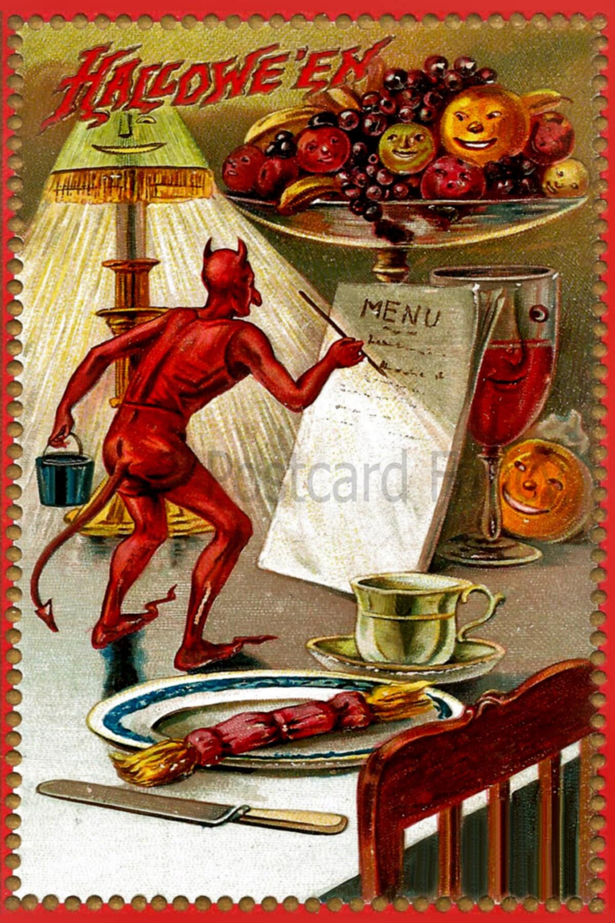 Vintage Tuck HALLOWEEN Postcard, Devil Writes Dinner Menu, Instant