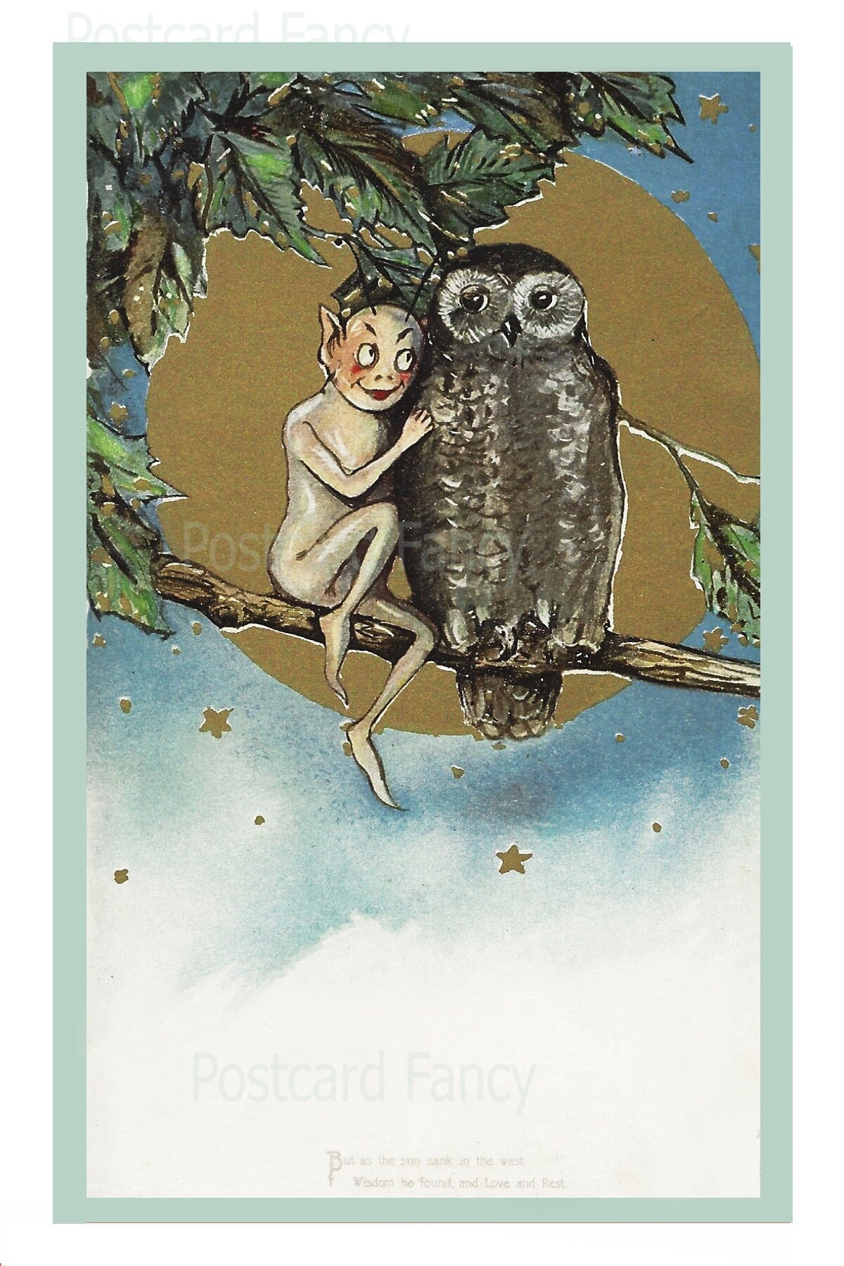 Enchanting OWL And Pixie, Instant DIGITAL Download, Vintage Schmucker Postcard