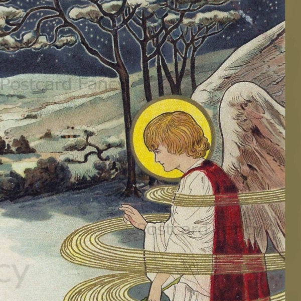 FAB Art Nouveau New Year Vintage Postcard, Instant DIGITAL Download, Angel