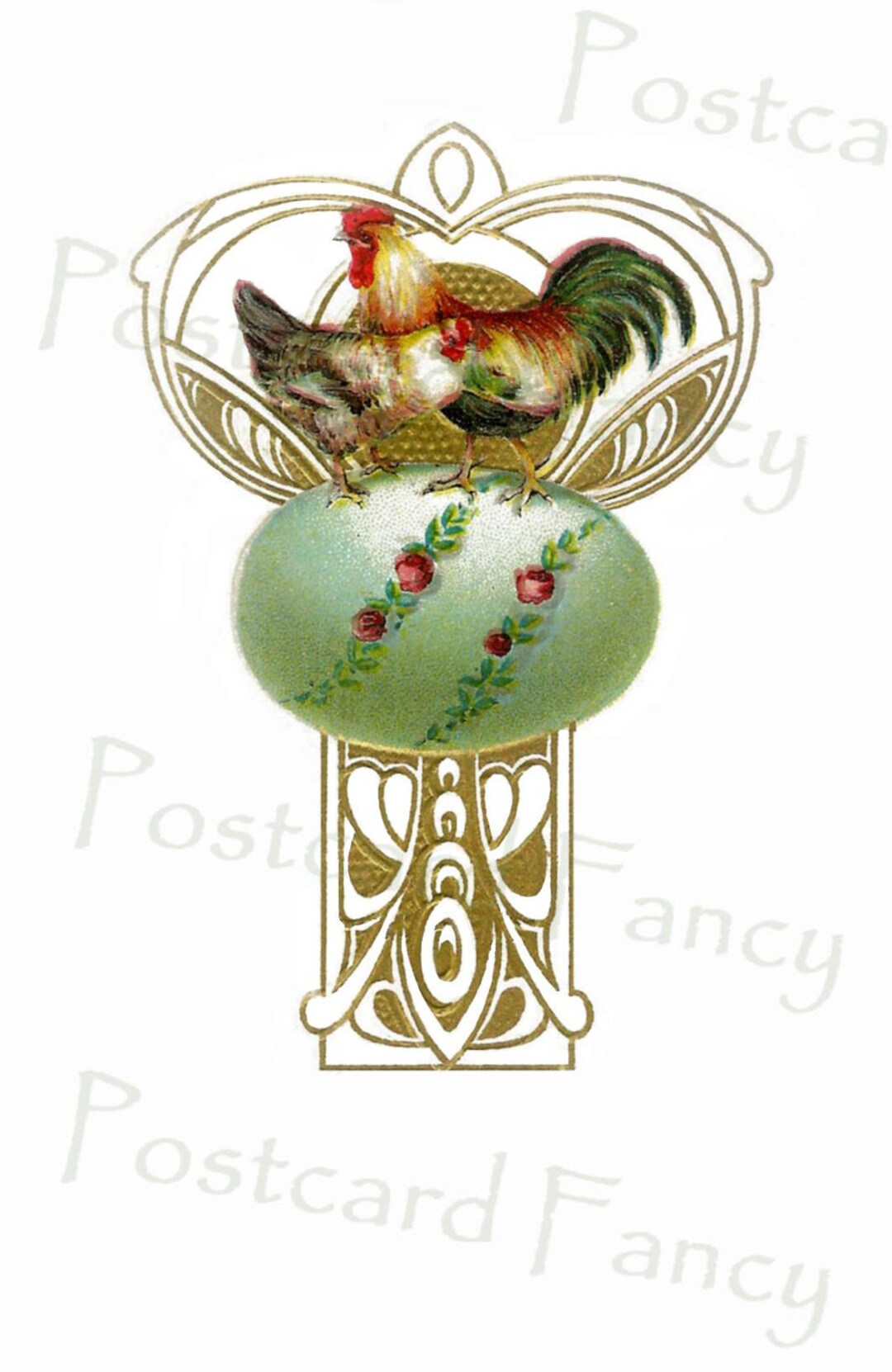 Art Nouveau EASTER Egg and Rooster Printable Image, Instant Digital
