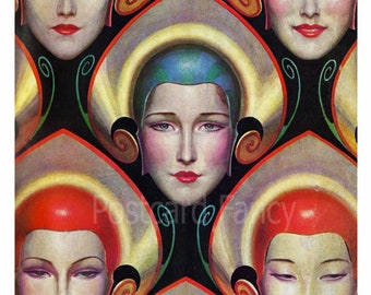 Fabelhafte Art Deco GESICHTER, sofortiger DIGITALER DOWNLOAD, Illustration für Frauenzeitschrift