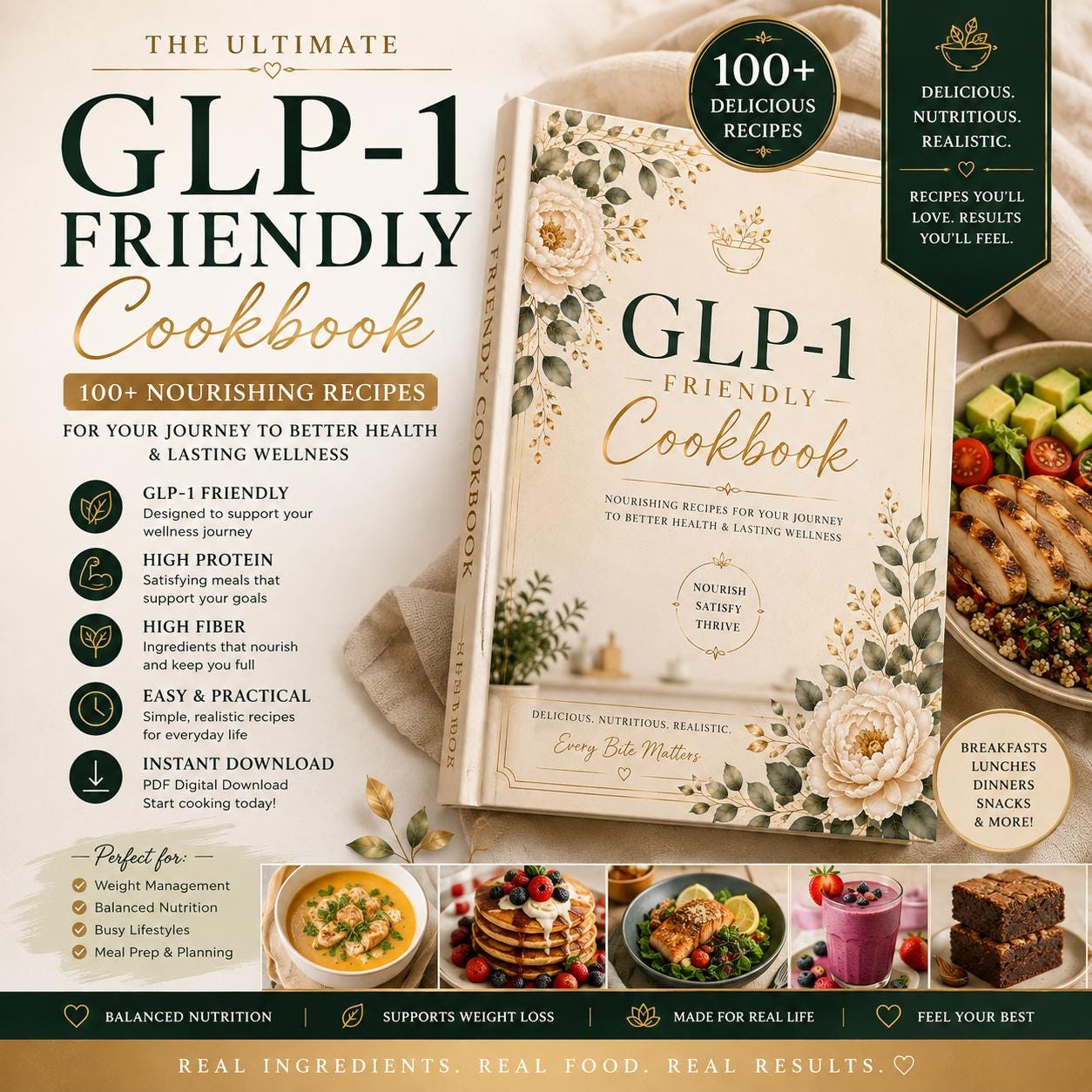 GLP-1 Friendly Cookbook | 100+ High Protein Recipes | Weight Loss Meal Prep PDF | Healthy High Fiber Meals