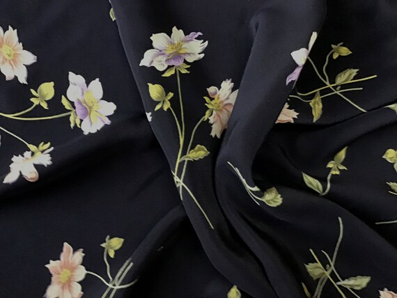 Soft Dark Navy Silk Crepe with Very Subtle Lavender and Pink Cream Flowers and Olive Green Stems