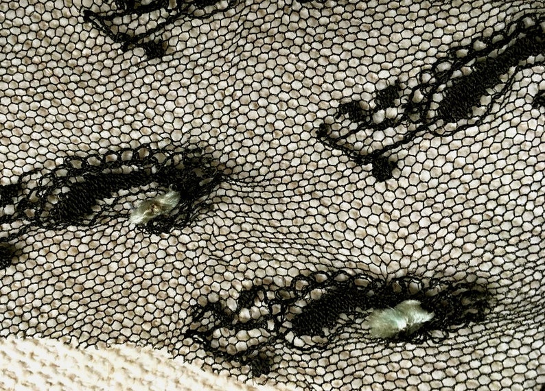 Victorian Antique Silk Tulle Net; Paisley Embroidery with Very Pale Green Chenille Centers