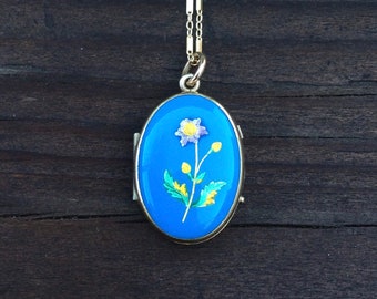 Exquisite Antique Victorian Robin's Egg Blue Enamel Flower Locket Necklace