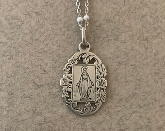 Antique 1901 French  Virgin Mary Sterling Silver Necklace, White Enamel Beaded Satellite Chain