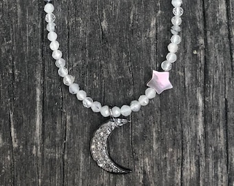 Pave Diamond Crescent Moon and Mother of Pearl Star Rutlilated Quartz  Necklace