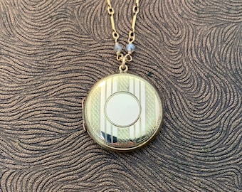 Vintage Art Deco English Rolled Gold Locket Necklace, Labradorite Gemstone Chain