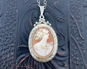 Rare Vintage Sterling Silver Birks Shell Cameo Locket Necklace, 'M' Monogram