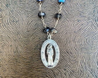 Vintage 1950s Sterling Silver St. Anthony Medal Necklace, Blue Labradorite Gemstone Chain