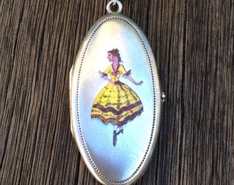 Rare Large Antique German Silver Alpaca Champlevé  Enamel Locket Necklace, Dancing Girl in Yellow Dress