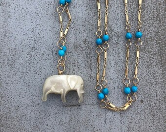 Vintage Mother of Pearl Elephant  Charm Necklace,  Turquoise Howlite Gemstone Chain