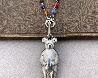 Vintage English EPNS Bear Rattle Multi Gemstone Necklace