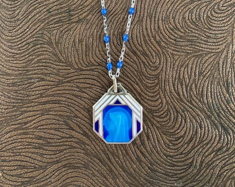 Vintage French Art Deco Blue & White Enamel Virgin Mary Sterling Silver Necklace, Blue Enamel Beaded Satellite Chain