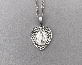 Vintage Sterling Silver Heart Shaped Marcasite Miraculous Medal Necklace