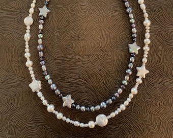White or Gray Freshwater Pearl  Stars and Moons Necklace, Layering, Stacking Necklaces