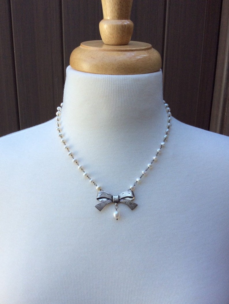 Vintage Birks Sterling Silver Ribbon Bow Necklace Freshwater Pearl Chain