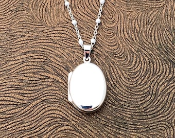 Modern Small Sterling Silver Oval Locket Necklace, White Enamel Sterling Satellite Chain