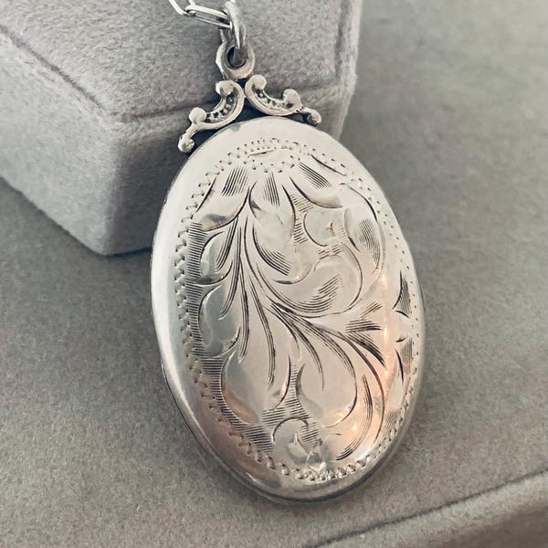 Large Vintage Birks Sterling Silver Flower Oval Locket Necklace