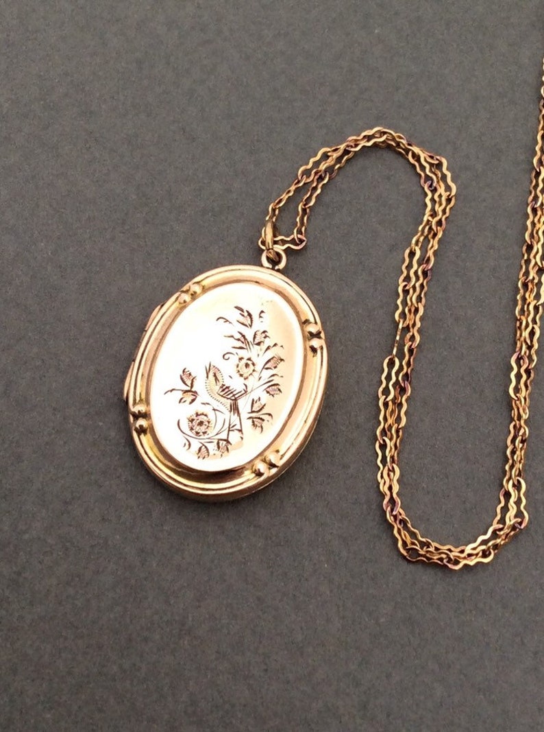 Vintage English 9 Carat Oval Bird Locket Necklace
