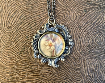 Antique Ornate French Locket Necklace, Antique Flower Postcard