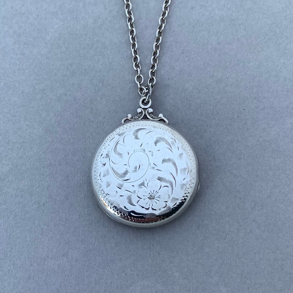 Vintage Large Round Birks Sterling Silver Flower Oval Locket Necklace