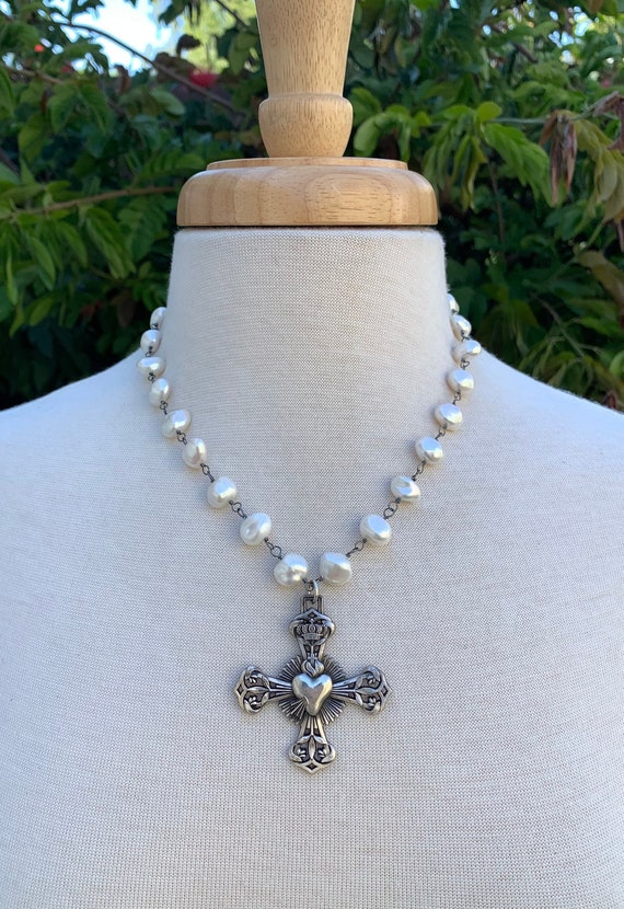 Antique  French Silver Crowned  Sacred Heart Cross