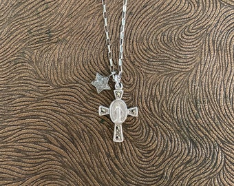 Vintage Sterling Silver Marcasite Miraculous Medal Cross Necklace, Pave Diamond Star Charm