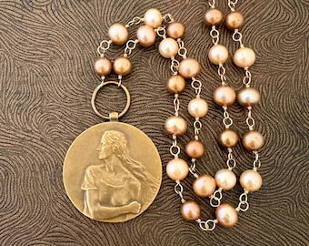 Large Vintage Belgian WWII  Resistance  Medallion Necklace,  Resist Medallion, World War 2, Bronze and Golden Pearls