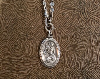 Vintage St. Christopher  Sterling Silver Necklace,  Watch Chain Style Sequin Disc Chain
