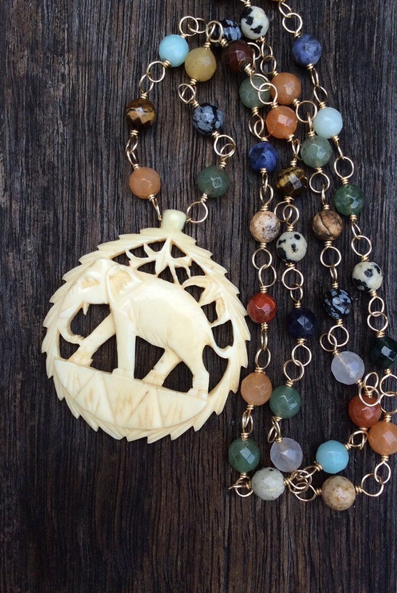Large Vintage Elephant Necklace, Multi Gemstone C