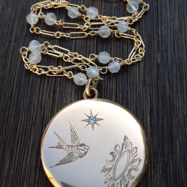 Antique Bliss Brothers Victorian Sparrow Bird and Star Locket Necklace,  Rainbow Moonstone Gemstone Chain