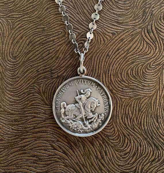 Antique French St. George Solid Silver Necklace, … - image 1