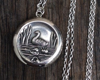 RESERVED FOR IDA - Antique Edwardian Sterling Silver Swan Locket Necklace