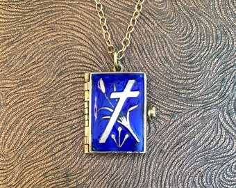 Antique Art Nouveau Blue Enamel Cross Photo Book Necklace,  Stations of the Cross Photo Book