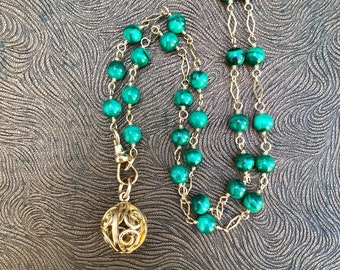 Antique Gold Filled Orb Fob Necklace, Malachite Gemstone Chain