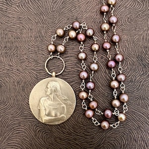 Large Vintage Belgian WWII  Resistance  Medallion Necklace,  Resist Medallion, World War 2, Bronze Pearls