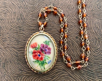 Vintage French Hand Painted Orange and Purple Flowers Necklace , Hessonite Garnet Gemstone Chain