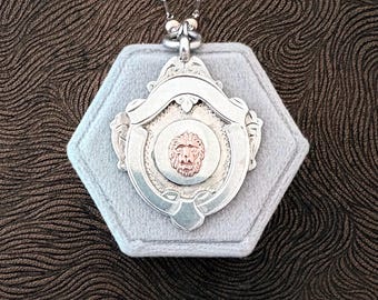 Antique Sterling Silver & Rose Gold Lion Fob Medal Necklace: English Fob Pendant