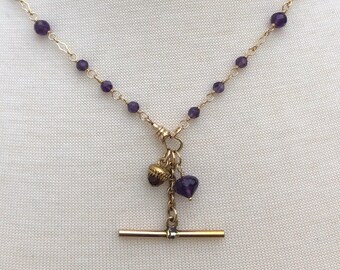 Antique Toggle and Antique Acorn Button Necklace, Long Hand Wired Amethyst Gemstone Chain